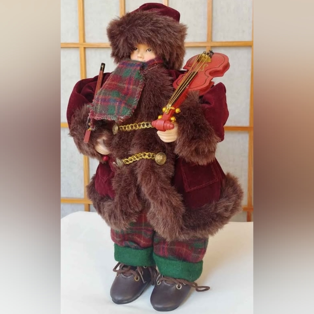 Victorian Style Christmas Caroler Russian Figurine w Violin Hat Scarf Handmade